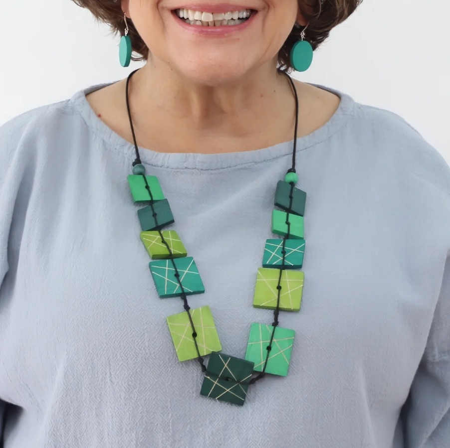 Green Abstract Squares Necklace